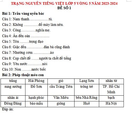 Đề thi Trạng nguyên Tiếng Việt lớp 5 năm 2023-2024