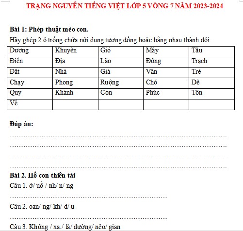 Đề thi Trạng nguyên Tiếng Việt lớp 5 năm 2023-2024