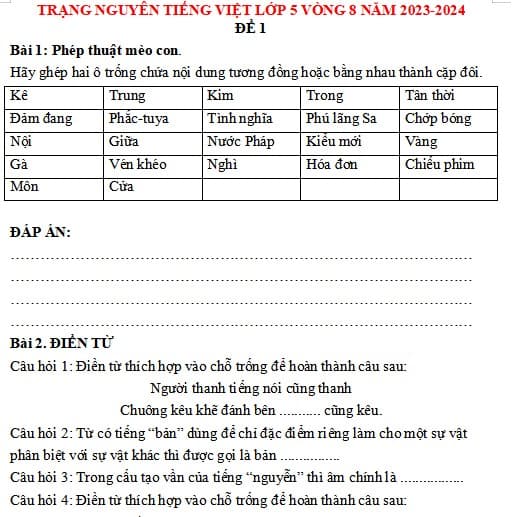 Đề thi Trạng nguyên Tiếng Việt lớp 5 năm 2023-2024
