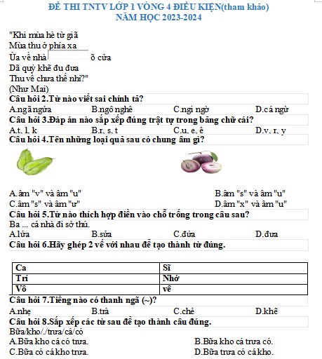 Đề thi Trạng nguyên Tiếng Việt lớp 1 năm học 2023-2024