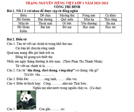 Đề thi Trạng nguyên Tiếng Việt lớp 1 năm 2023-2024 Vòng Thi Đình