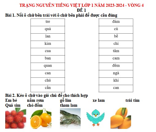 Đề thi Trạng nguyên Tiếng Việt lớp 1 năm 2023-2024