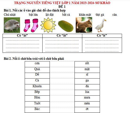Đề thi Trạng nguyên Tiếng Việt lớp 1 năm 2023-2024