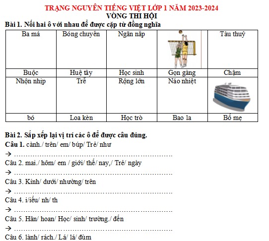 Đề thi Trạng nguyên Tiếng Việt lớp 1 năm 2023-2024 Thi Hội
