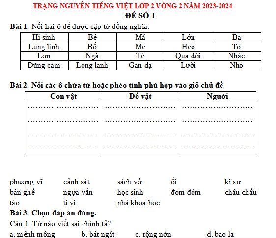 Đề thi Trạng nguyên Tiếng Việt lớp 2 năm 2023-2024