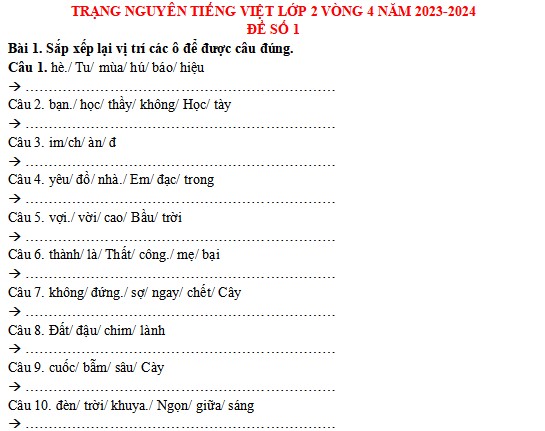 Đề thi Trạng nguyên Tiếng Việt lớp 2 năm 2023-2024