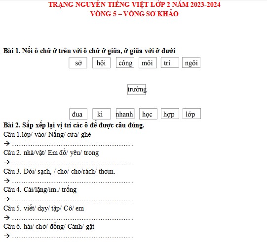 Đề thi Trạng nguyên Tiếng Việt lớp 2 năm 2023-2024