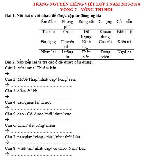 Đề thi Trạng nguyên Tiếng Việt lớp 2 năm 2023-2024