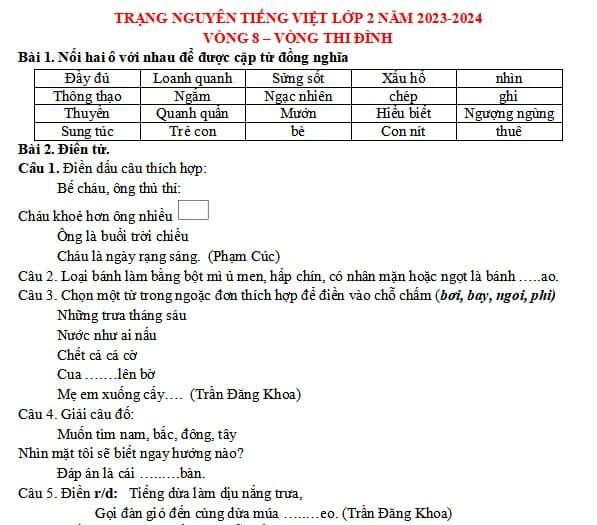 Đề thi Trạng nguyên Tiếng Việt lớp 2 năm 2023-2024