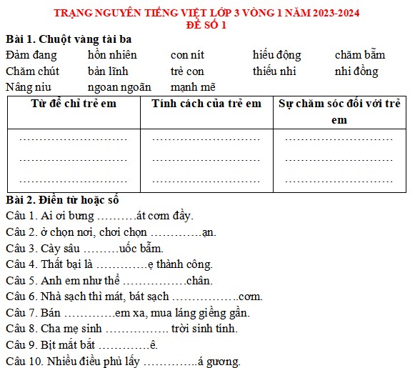 Đề thi Trạng nguyên Tiếng Việt lớp 3 năm 2023-2024