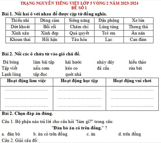 Đề thi Trạng nguyên Tiếng Việt lớp 3 năm 2023-2024