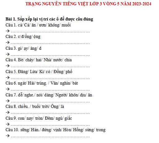 Đề thi Trạng nguyên Tiếng Việt lớp 3 năm 2023-2024