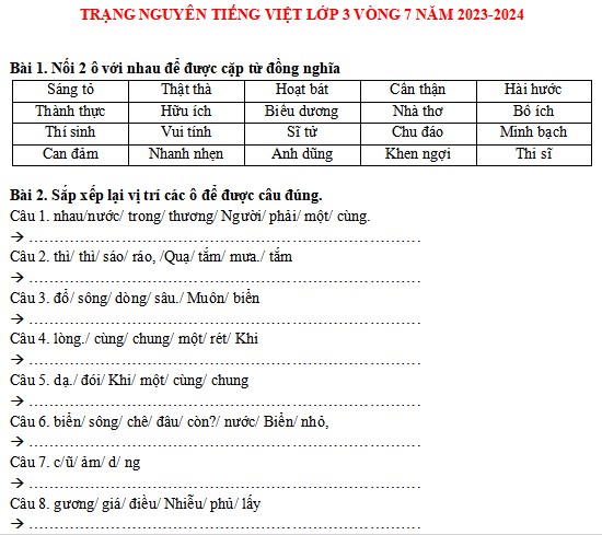Đề thi Trạng nguyên Tiếng Việt lớp 3 năm 2023-2024