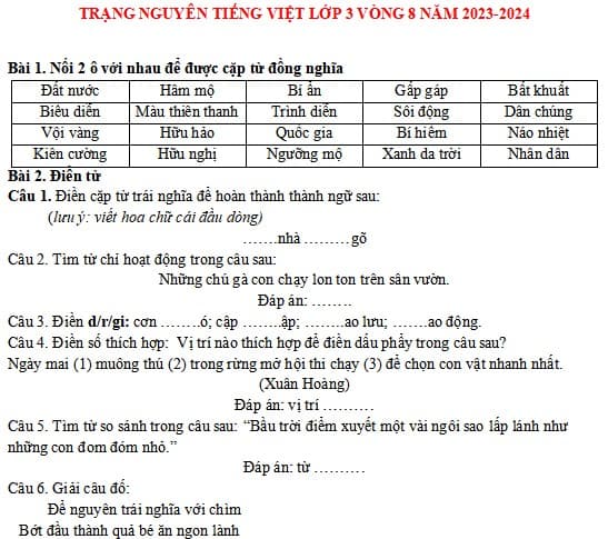 Đề thi Trạng nguyên Tiếng Việt lớp 3 năm 2023-2024