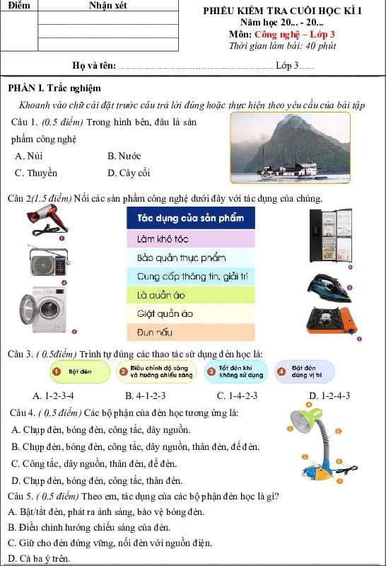 Đề thi học kì 1 môn Công nghệ 3 Cánh Diều
