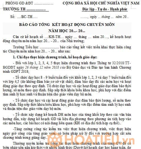 Mẫu báo cáo tổng kết năm học của tổ chuyên môn trường tiểu học