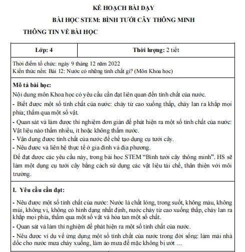 Giáo án STEM lớp 4: Bình tưới cây thông minh
