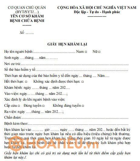 Mẫu giấy hẹn khám lại