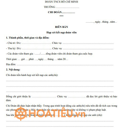 Mẫu biên bản lễ kết nạp Đoàn viên mới