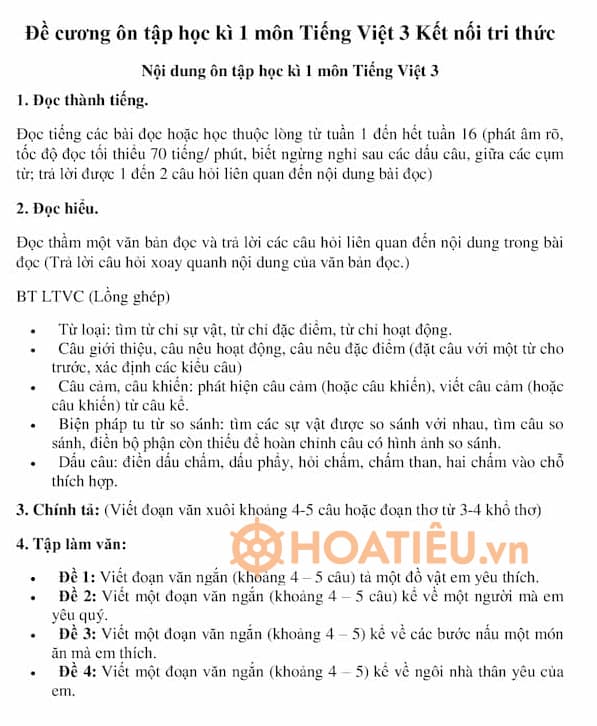 Đề cương ôn tập học kì 1 môn Tiếng Việt 3 Kết nối tri thức