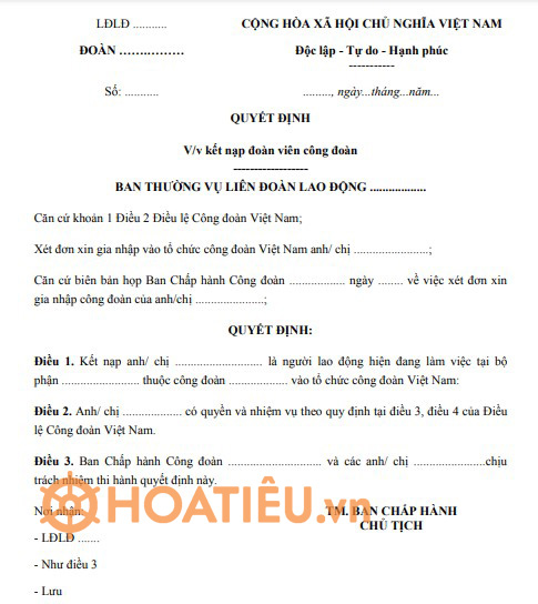 Mẫu quyết định kết nạp công đoàn