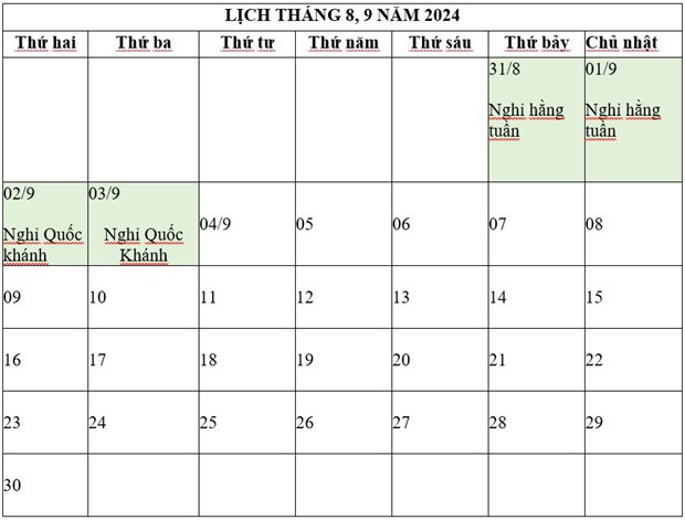 Lịch nghỉ Quốc khánh 2/9