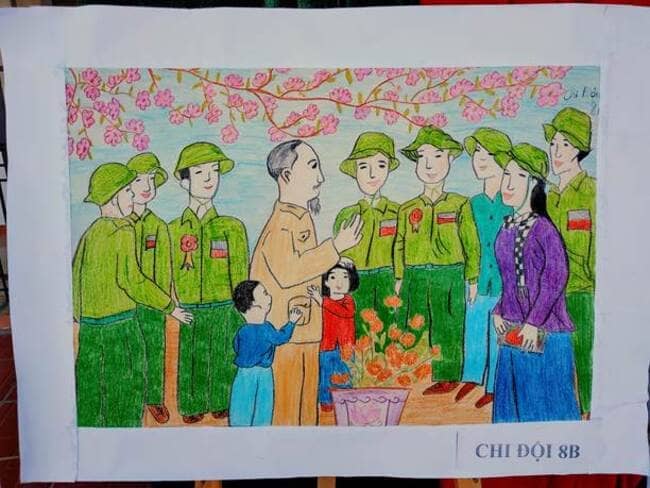 Tranh vẽ chú bộ đội cùng Bác Hồ