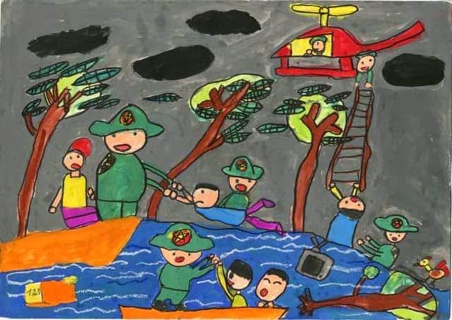 Vẽ tranh chú bộ đội giúp dân vùng bão lũ