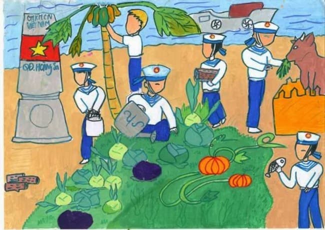 Vẽ tranh chú bộ đội trồng rau, tăng gia sản xuất