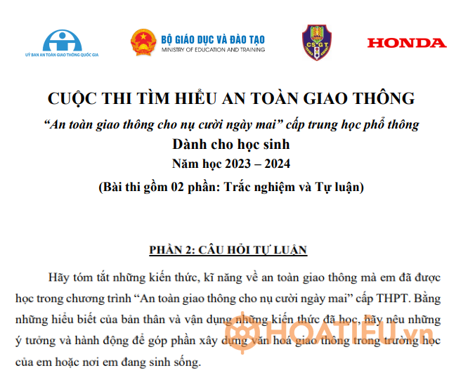 Đáp án tự luận An toàn giao thông cho nụ cười ngày mai 2023 - 2024 THPT