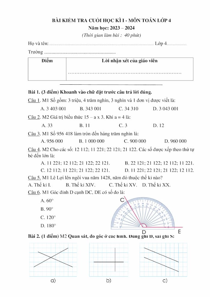 Đề Toán lớp 4 học kì 1 Cánh diều