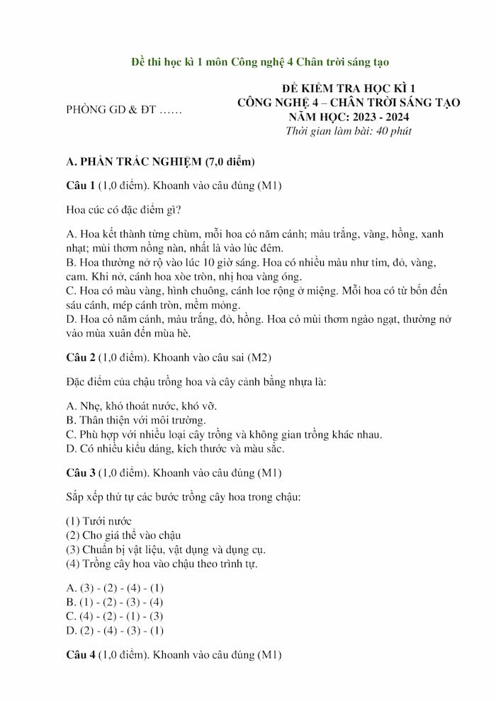 de thi hoc ki 1 mon cong nghe lop 4 chan troi sang tao 1*357438