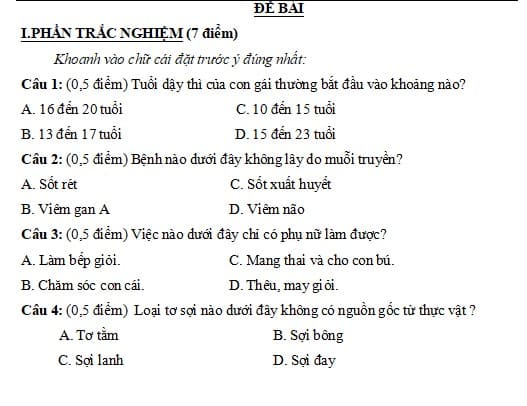 Đề thi học kì 1 môn Khoa học lớp 5