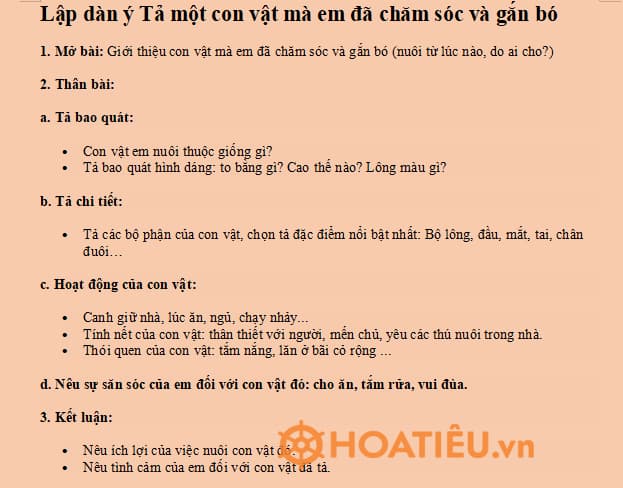 Dàn ý Tả một con vật mà em đã chăm sóc và gắn bó lớp 4
