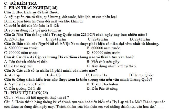 Đề thi học kì 1 Lịch sử Địa lí 6 Cánh Diều