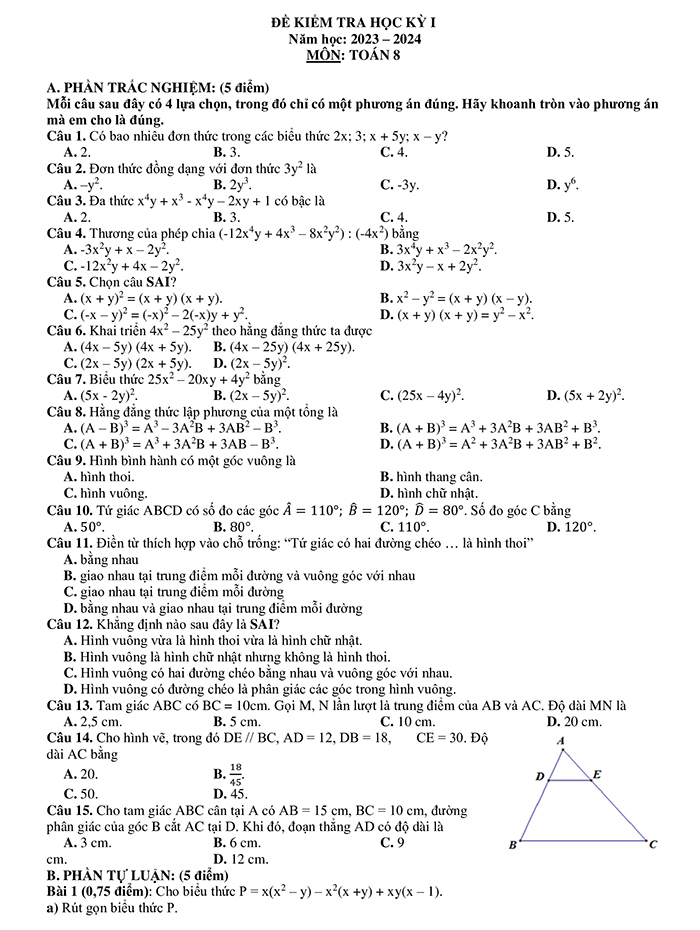 Đề thi cuối kì 1 Toán 8 KNTT có đáp án