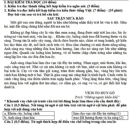 Đề thi cuối kì 1 lớp 5 môn Tiếng Việt