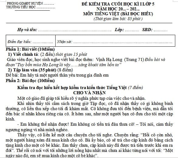 Đề thi Học kì 1 Tiếng Việt lớp 5 năm 2023 