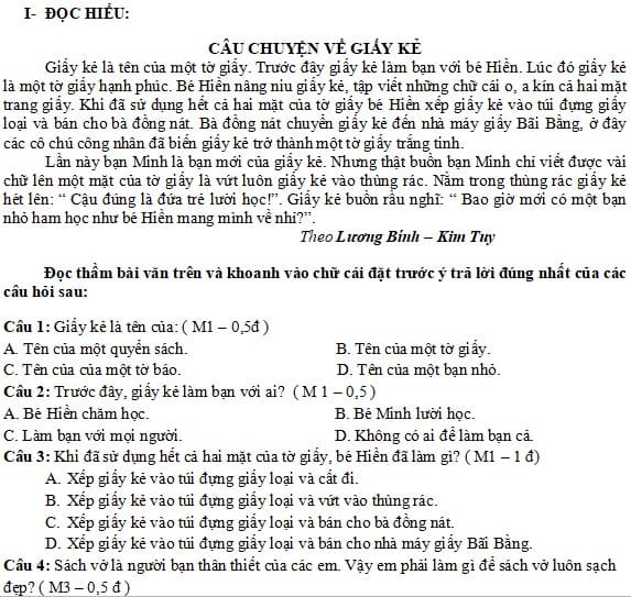 Đề thi Tiếng Việt lớp 3 học kì 1 Cánh Diều