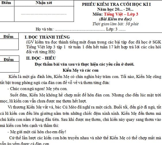 Đề thi cuối kì 1 môn Tiếng Việt lớp 3 Cánh Diều