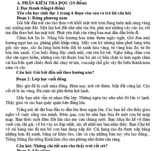 4.4. Đề kiểm tra cuối kì 1 môn Tiếng Việt lớp 3