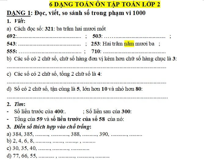 Các dạng Toán lớp 2 kì 1