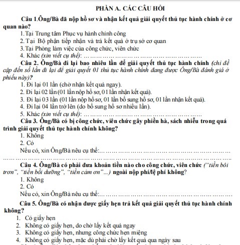 Phiếu khảo sát ý kiến người dân với sự phục vụ của cơ quan nhà nước