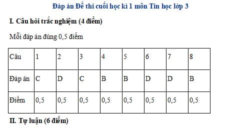 Đáp án đề thi học kì 1 môn Tin học 3 CTST