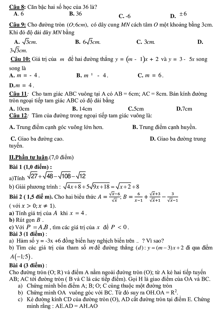 Đề thi Toán 9 học kì 1 - đề 1