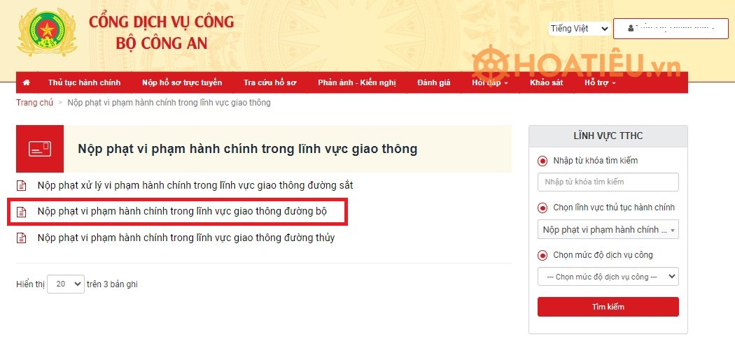 Hướng dẫn nộp phạt vi phạm giao thông trực tuyến qua Cổng Dịch vụ của Bộ Công an