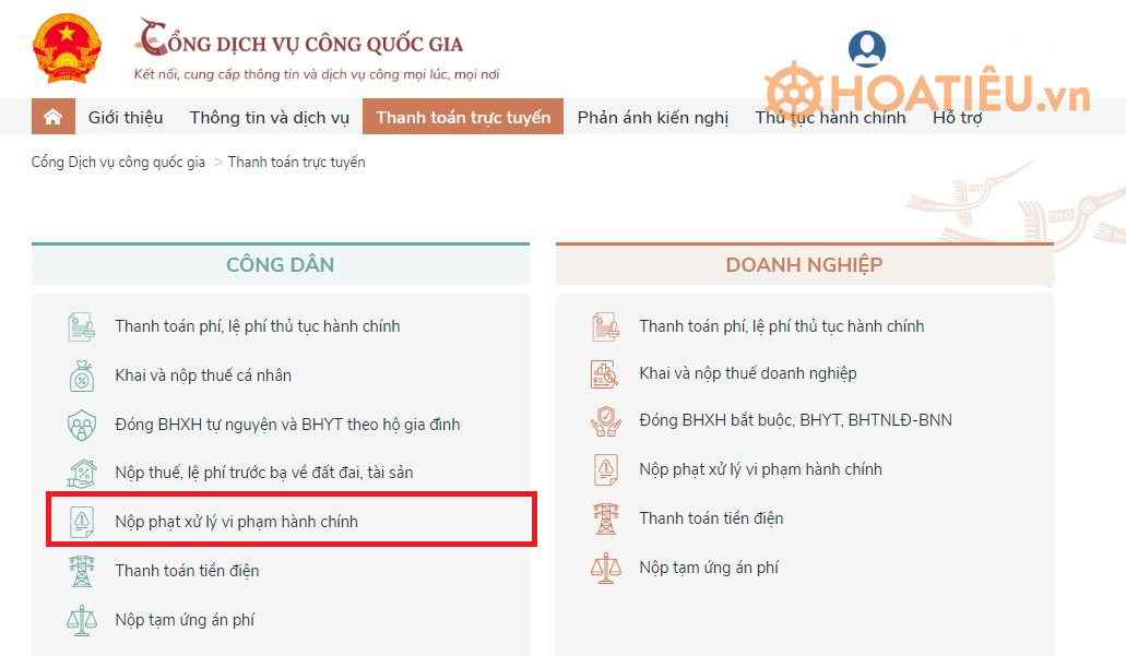 Cách nộp phạt vi phạm giao thông online qua Cổng dịch vụ công quốc gia