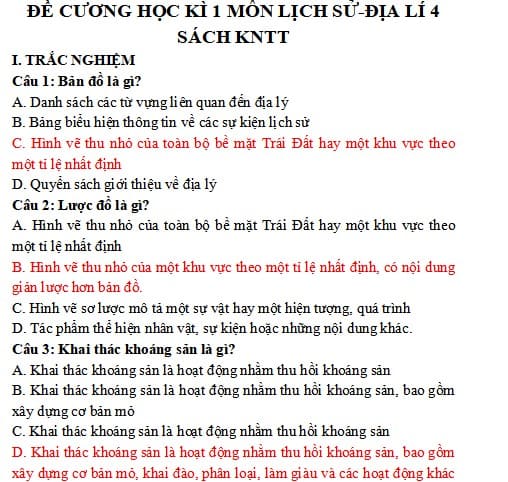 Đề cương ôn thi Lịch sử - Địa lý lớp 4 kì 1 Kết nối tri thức