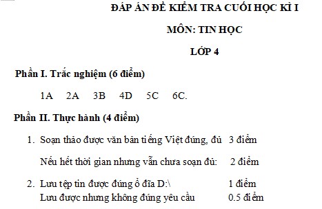 Đáp án đề thi học kì 1 môn Tin học 4 Chân trời sáng tạo