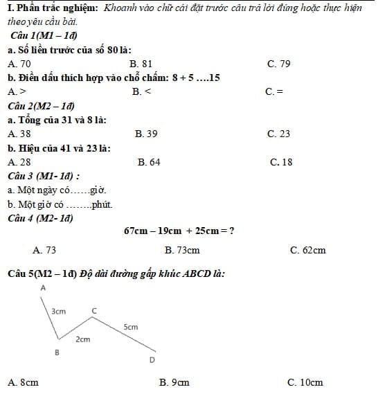 Đề thi Toán lớp 2 học kì 1 Kết nối tri thức